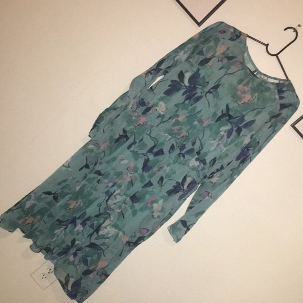 Junarose US 16 Blue Turquoise Sheer Dress Long Sleeve *Small tear